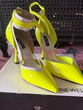 Nine West Neon Yellow Patent Pointed-Toe Ankle-Strap Pumps